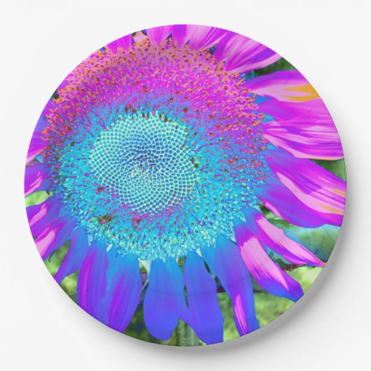 Blauwe roze retro funky sunflower foto papieren bordje (Voorkant)