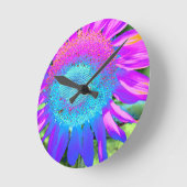Blauwe roze retro funky sunflower foto ronde klok (Hoek)