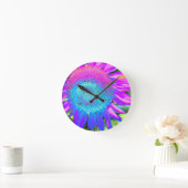 Blauwe roze retro funky sunflower foto ronde klok (Huis)