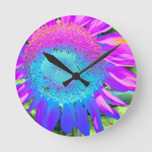 Blauwe roze retro funky sunflower foto ronde klok
