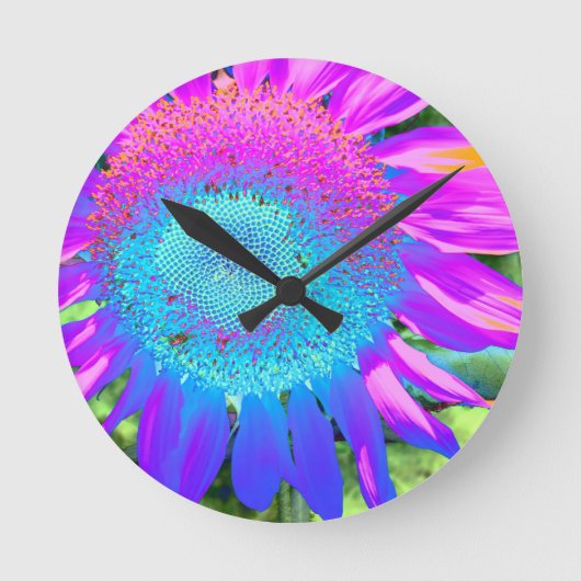 Blauwe roze retro funky sunflower foto ronde klok (Voorkant)
