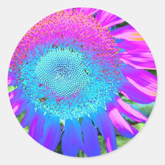 Blauwe roze retro funky sunflower foto ronde sticker (Voorkant)