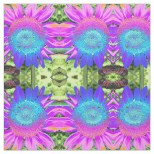 Blauwe roze retro funky sunflower foto stof