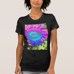 Blauwe roze retro funky sunflower foto t-shirt