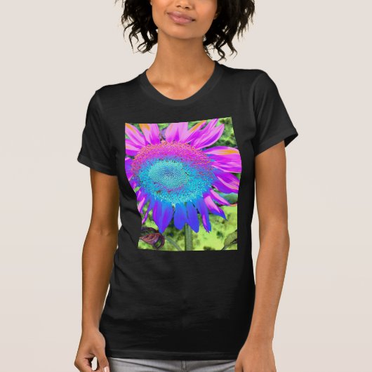 Blauwe roze retro funky sunflower foto t-shirt (Voorkant)