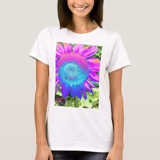 Blauwe roze retro funky sunflower foto t-shirt (Voorkant)