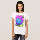 Blauwe roze retro funky sunflower foto t-shirt (Voorkant volledig)