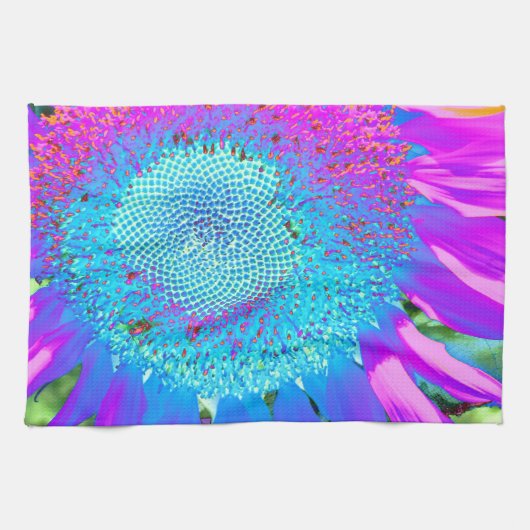 Blauwe roze retro funky sunflower foto theedoek (Horizontaal)