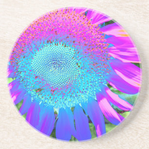 Blauwe roze retro funky sunflower foto zandsteen onderzetter
