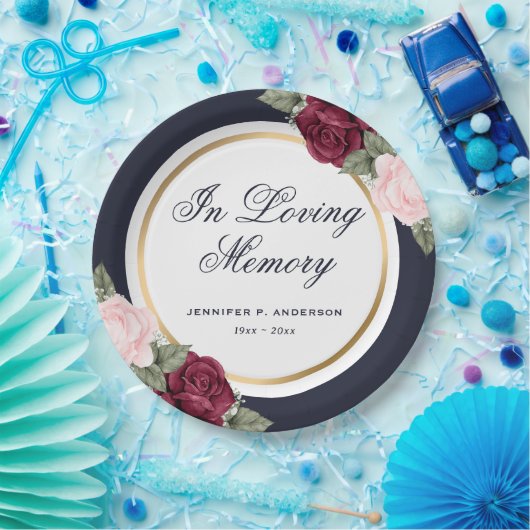 Blauwe roze rode Waterverf Floral Memorial Funeral Papieren Bordje (Feest)
