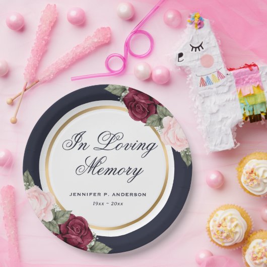 Blauwe roze rode Waterverf Floral Memorial Funeral Papieren Bordje (Feest)