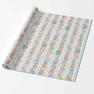 Blauwe Roze Roos Bloemstreep Waterverf Cadeau Cadeaupapier
