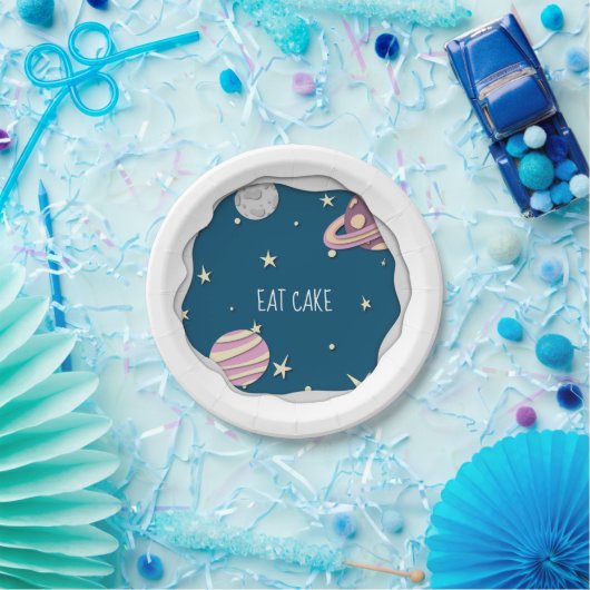 Blauwe roze roosterkake galaxy sterren & planeten papieren bordje (Feest)