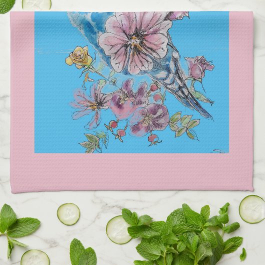 Blauwe roze roze blauwe floranje theedoek (Gevouwen)