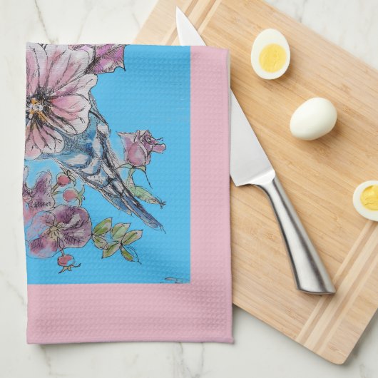 Blauwe roze roze blauwe floranje theedoek (Quarter Fold)