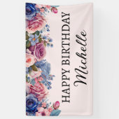 Blauwe Roze Rozen Bloemrijk Botanisch Verjaardagsf Spandoek (Verticaal)