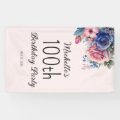 Blauwe roze rozen Floral 100e verjaardag Spandoek (Horizontaal)