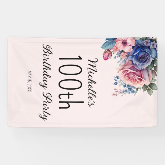 Blauwe roze rozen Floral 100e verjaardag Spandoek (Horizontaal)
