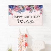 Blauwe roze rozen Floral botanische gelukkige verj Spandoek (Insitu)