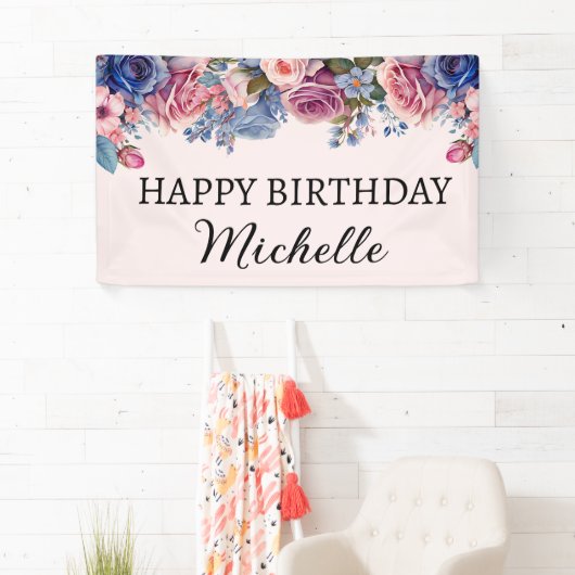 Blauwe roze rozen Floral botanische gelukkige verj Spandoek (Insitu)