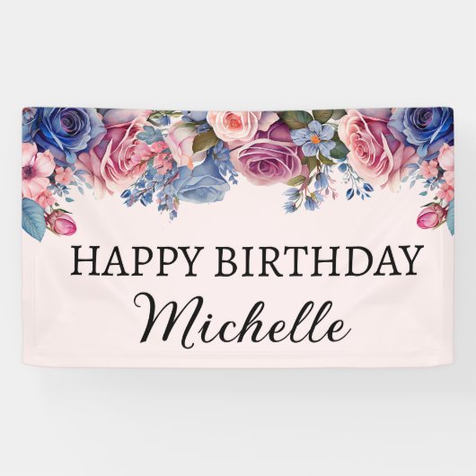 Blauwe roze rozen Floral botanische gelukkige verj Spandoek (Horizontaal)