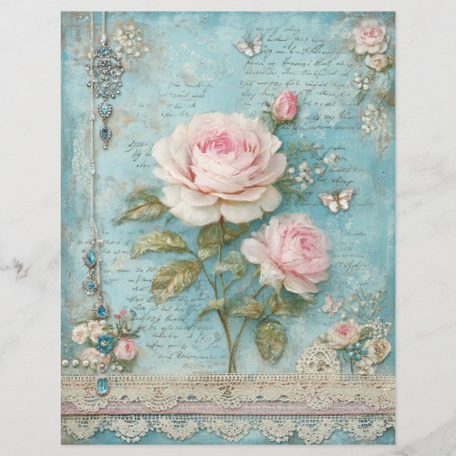 Blauwe Roze Rozen Junk Journal Scrapbook Papier (Voorkant)