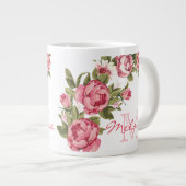 blauwe roze rozen Peonies name, monogram Grote Koffiekop (Voorkant rechts)