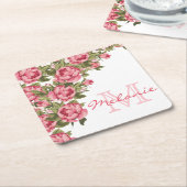  blauwe roze rozen Peonies name, monogram Kartonnen Onderzetters (Schuin)