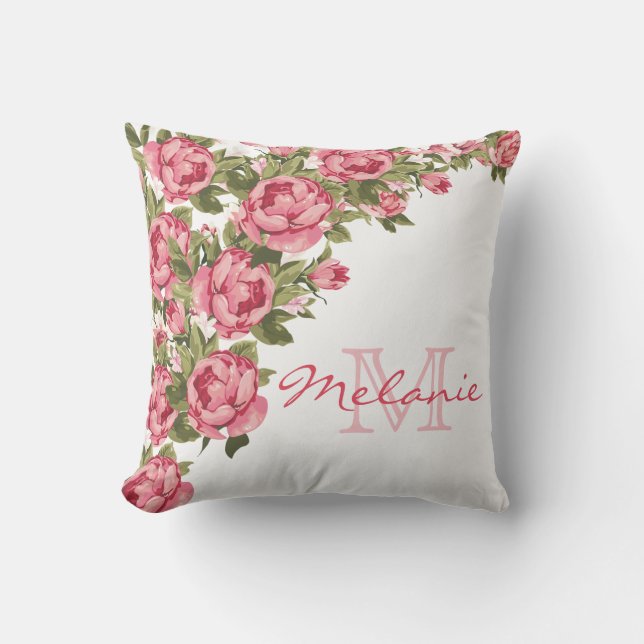  blauwe roze rozen Peonies name, monogram Kussen (Voorkant)