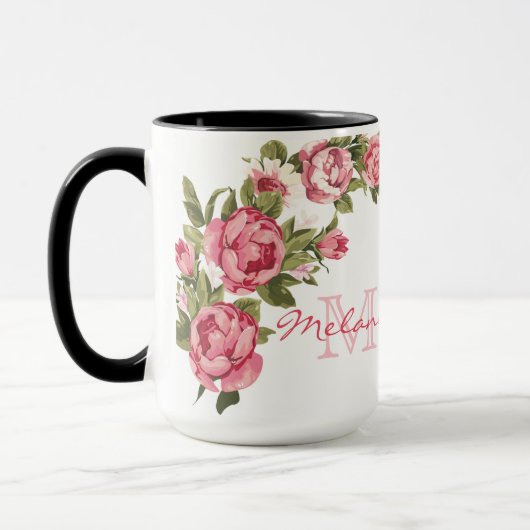 blauwe roze rozen Peonies name, monogram Mok (Links)
