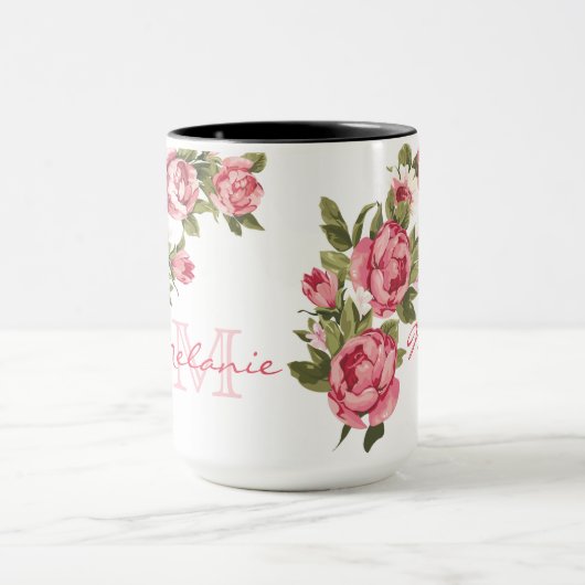  blauwe roze rozen Peonies name, monogram Mok (Midden)