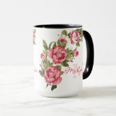 blauwe roze rozen Peonies name, monogram Mok (Voorkant rechts)