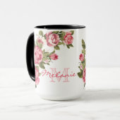 blauwe roze rozen Peonies name, monogram Mok (Voorkant links)