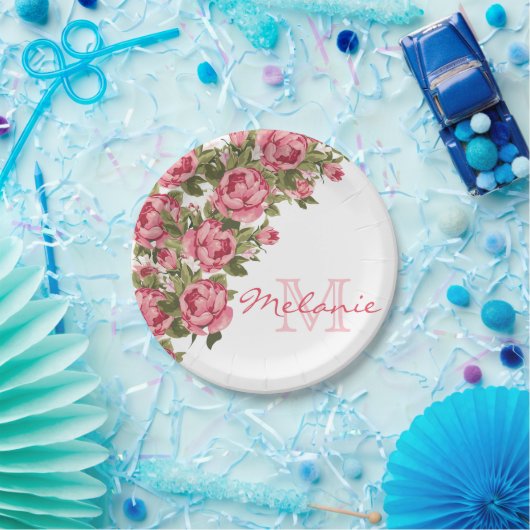  blauwe roze rozen Peonies name, monogram Papieren Bordje (Feest)