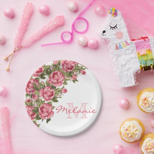  blauwe roze rozen Peonies name, monogram Papieren Bordje (Feest)