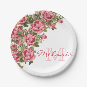  blauwe roze rozen Peonies name, monogram Papieren Bordje