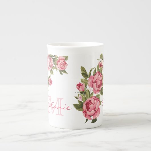  blauwe roze rozen Peonies name, monogram Porselein Kop (Voorkant)