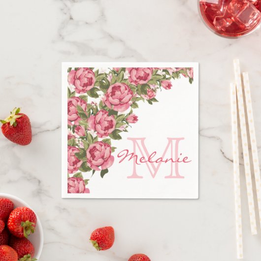  blauwe roze rozen Peonies name, monogram Servetten (Insitu)