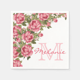 blauwe roze rozen Peonies name, monogram Servetten