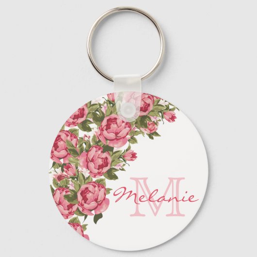 blauwe roze rozen Peonies name, monogram Sleutelhanger (Voorkant)