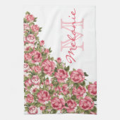 blauwe roze rozen Peonies name, monogram Theedoek (Verticaal)