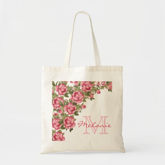 blauwe roze rozen Peonies name, monogram Tote Bag (Voorkant)