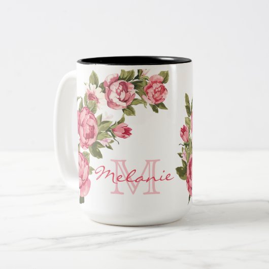  blauwe roze rozen Peonies name, monogram Tweekleurige Koffiemok (Voorkant links)