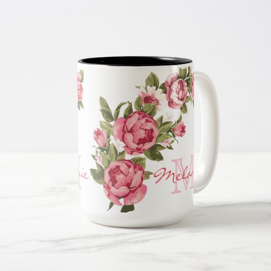  blauwe roze rozen Peonies name, monogram Tweekleurige Koffiemok (Voorkant rechts)