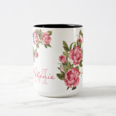  blauwe roze rozen Peonies name, monogram Tweekleurige Koffiemok (Center)