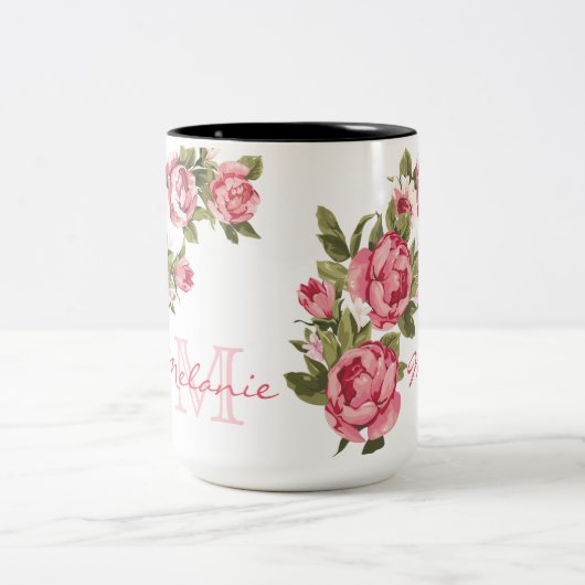  blauwe roze rozen Peonies name, monogram Tweekleurige Koffiemok (Center)