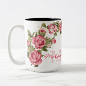  blauwe roze rozen Peonies name, monogram Tweekleurige Koffiemok (Links)