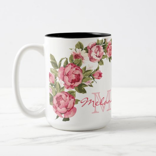  blauwe roze rozen Peonies name, monogram Tweekleurige Koffiemok (Links)