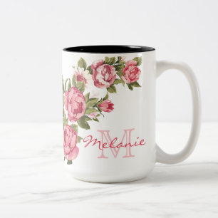 blauwe roze rozen Peonies name, monogram Tweekleurige Koffiemok