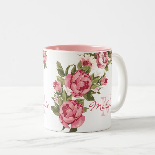  blauwe roze rozen Peonies name, monogram Tweekleurige Koffiemok (Voorkant rechts)